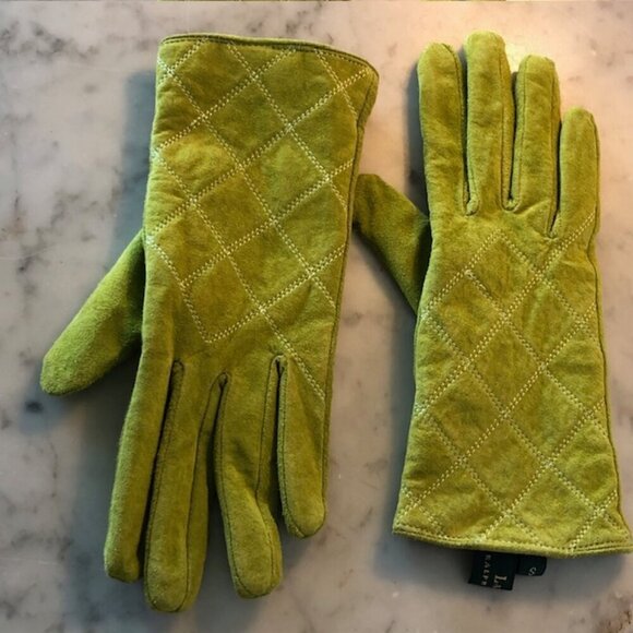 RALPH LAUREN Green Suede Leather Diamond Pattern Gloves Small
